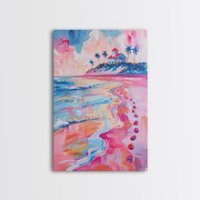 Load image into Gallery viewer, Colorful Tropical Beach Scene with Palm Tree - Framed Canvas Print, Vibrant Coastal Art, Living Room Decor, Beach Wall Art