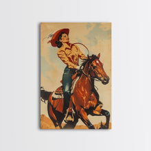 Load image into Gallery viewer, Dynamic Cowgirl on Horseback in Action | Framed Canvas Print | Western Wall Art | Living Room Decor | Rustic Home Decor