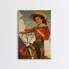 Load image into Gallery viewer, Classic Cowgirl with Red Outfit on Horse | Framed Canvas Print | Western Wall Art | Living Room Decor | Rustic Home Decor