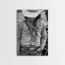 Load image into Gallery viewer, Cowboy with Hat and Scarf Looking Down in Black and White for Western Wall Art, Canvas Prints, Home Decor, Living Room Art, Bedroom Art