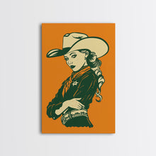 Load image into Gallery viewer, Elegant Retro Cowgirl with Hat Illustration | Framed Canvas Print | Vintage Western Art | Stylish Cowgirl Wall Art for Living Room
