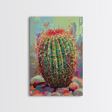 Load image into Gallery viewer, Bold Barrel Cactus Art with Red Spines - Framed Canvas Print, Vibrant Desert Decor, Living Room Art, Cactus Wall Art for Home
