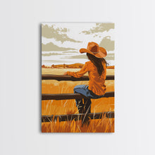 Cargar imagen en el visor de la galería, Contemplative Cowgirl on Fence Framed Canvas Print - Serene Western Decor, Country Wall Art for Living Room, Bedroom Artwork