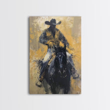 Load image into Gallery viewer, Cowboy in Full Gear Riding Horse - Framed Canvas Print, Western Wall Art, Rustic Decor, Living Room and Bedroom Art Print