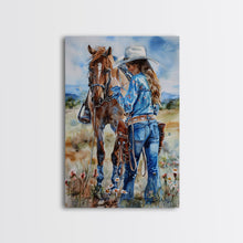 Load image into Gallery viewer, Cowboy on Rearing Horse Silhouette - Framed Canvas Print, Western Wall Art, Rustic Decor, Living Room and Bedroom Art Print