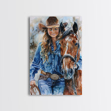 Load image into Gallery viewer, Cowgirl Embracing Horse with Hat - Framed Canvas Print, Western Wall Art, Rustic Decor, Living Room and Bedroom Art Print