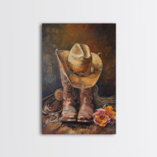 Load image into Gallery viewer, Cowboy Boots and Hat with Flowers Art - Framed Canvas Print, Rustic Wall Decor, Western Bedroom Art, Cowboy Home Decoration