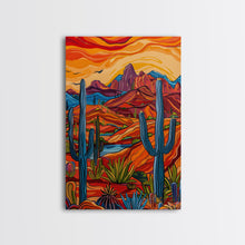 Carregar imagem no visualizador da galeria, Framed Canvas Print, Bright Desert Landscape with Cacti and Mountains, Perfect Wall Art for Living Room or Bedroom