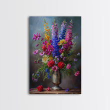 Load image into Gallery viewer, Dramatic Floral Vase Art on Rich Background - Framed Canvas Print, Bold Flower Decor for Living Room, Botanical Artwork, Floral Wall Art