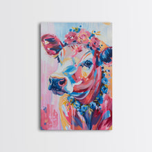 Cargar imagen en el visor de la galería, Floral Crowned Cow Portrait - Whimsical Farmhouse Wall Art, Vibrant Animal Painting, Bedroom Decor, Cute Cow Canvas Print