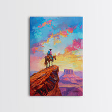 Load image into Gallery viewer, Cowboy on Horseback Overlooking Canyon - Vibrant Western Landscape Art, Sunset Painting, Living Room Decor, Cowboy Canvas Print