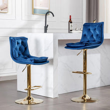 Carregar imagem no visualizador da galeria, Set of 2 Bar Stools, with Chrome Footrest and Base Swivel Height Adjustable Mechanical Lifting Velvet + Golden Leg Simple Bar Stoo, blue