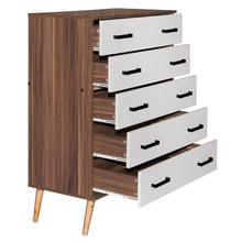 Load image into Gallery viewer, Better Home Products Eli Mid-Century Modern 5 Drawer Chest in Walnut & White