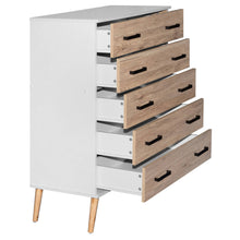 Load image into Gallery viewer, Better Home Products Eli Mid-Century Modern 5 Drawer Chest in White & Natural Oak