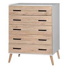 Load image into Gallery viewer, Better Home Products Eli Mid-Century Modern 5 Drawer Chest in White & Natural Oak