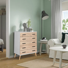 Load image into Gallery viewer, Better Home Products Eli Mid-Century Modern 5 Drawer Chest in White & Natural Oak