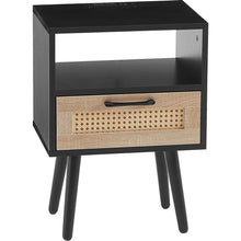 Carregar imagem no visualizador da galeria, 15.75" Rattan End table with Power Outlet & USB Ports, Modern nightstand with drawer and solid wood legs, side table for living roon, bedroom, black