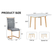 Carregar imagem no visualizador da galeria, White stone burning tabletop with rubber wooden legs, foldable computer desk, foldable office desk, Modern PU leather high back cushion side chair with wood grain metal legs.