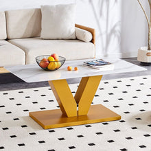 Carregar imagem no visualizador da galeria, Modern minimalist coffee table. Tempered glass with stickers tabletop,golden MDF pillars. Suitable for living room and dining room