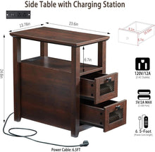 Cargar imagen en el visor de la galería, Farmhouse XXL End Table with Charging Station, Narrow Side Table with USB Ports and Outlets, Nightstand with 2 Drawers Storage, Bedside Tables