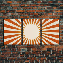 Load image into Gallery viewer, Boho Horizontal Sun Print, 3 Piece Art, Triptych Wall Art, Framed Canvas Prints, Yellow Sun Poster, Sunrise Wall Art, Boho Nursery Prints