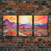 Load image into Gallery viewer, Black Framed 3 Piece Wall Art, Southwestern Desert Scene at Sunset, Minimalist Wall Art, MCM Style Midcentury Wall Decor, Above Sofa Art