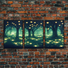 Carregar imagem no visualizador da galeria, Fantasy forest wall decor, ready to hang 3 piece canvas print, 3 piece wall art, firefly wall art, Fireflies In A Fairy Forest at Night