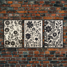Load image into Gallery viewer, Black and White Floral Print, 3 Piece Framed Canvas Art, Boho Rustic Farmhouse Decor, Living Room Art, Minimalist Wall Art