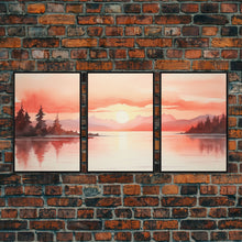 Load image into Gallery viewer, Beautiful Red Lake Sunset 3 Piece Framed Canvas Print Set, Above Sofa Art, Living Room Decor, Beautiful Wall Art, Watercolor Painting