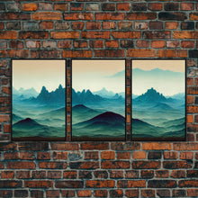 Load image into Gallery viewer, Emerald green rolling hills, fantasy mountains, 3 piece wall art, 3 piece canvas print, cool home wall decor