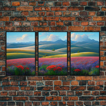 Cargar imagen en el visor de la galería, Colorful rolling hills, flower fields, landscape art, 3 piece wall art, 3 piece canvas, cool centerpiece living room wall art