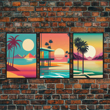 Load image into Gallery viewer, Beautiful Turquoise Retro Style Beach Art, Triptych 3 Panel Framed Canvas Prints, Palm Trees and Sunset, 80s Vibes Vaporwave Art Deco Mashup
