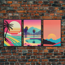 Load image into Gallery viewer, Beach Vibes - Midcentury / Art Deco / 80 Vibes Mash up - Framed Canvas Prints - Turquoise Sky and Palme Trees - 3 Panel Art, Triptych Prints