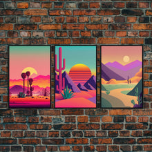 Carregar imagem no visualizador da galeria, 3 Piece Framed Canvas Wall Art, Synthwave / Vaporwave Sunset, Palme Trees and Cactus, Mid Century Modern Home Artwork Boho Decor for Bedroom
