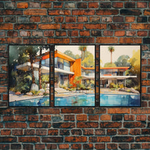 Load image into Gallery viewer, Architecture Print, Mid-century House Art,  Canvas Print, Wall Art, 3 Piece Wall Art, Real Estate Gift, Family Room Art, Entryway Prints