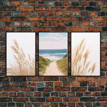Load image into Gallery viewer, Beautiful Set of 3 Pampas Grass Beach Ocean Shore Photography Prints Minimalist Modern Art Neutral Coastal Room Decor Framed Canvas Wall Art