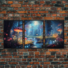 Load image into Gallery viewer, Magical dark forest art print on canvas, fantasy forest, oil style painting, large landscape wall art for home, ready to hang, 3 Piece Art