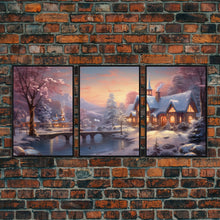 Carregar imagem no visualizador da galeria, 3 Piece Winter Scene, Framed Canvas Prints, Triptych Christmas Painting, Christmas Decor, Winter Art, Christmas Wall art, Xmas Art