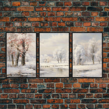 Carregar imagem no visualizador da galeria, 3 Piece Winter Scene, Framed Canvas Prints, Triptych Christmas Painting, Christmas Decor, Winter Art, Christmas Wall art, Xmas Art