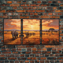 Load image into Gallery viewer, Elephant Print, Animal Wall Art, Sunset Print, Canvas Print, Wall Art, 3 Piece Wall Art, Nature Print, Retirement Gifts, Modern Office Art