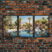 Load image into Gallery viewer, Desert Wall Art, Palm Trees Art, Oasis Print, Lake Art, Canvas Print, Wall Art, 3 Piece Wall Art, Thank You Gift, Above Bed Art, Travel Art