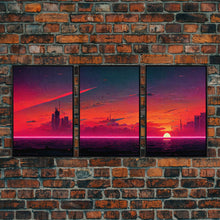 Load image into Gallery viewer, Cyber punk City At Sunset, Outrun, 3 Piece Wall Art, Ready To Hang Canvas Print, Cool Unique Mancave wall Art Decor