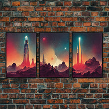 Load image into Gallery viewer, Art Deco Scifi Art, Science Fiction Space Ships, 3 Piece Wall Art, Ready To Hang Canvas Print, Cool Unique Mancave wall Art Decor