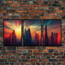 Load image into Gallery viewer, Cyberpunk City At Sunset, Futuristic, 3 Piece Wall Art, Ready To Hang Canvas Print, Cool Living Room Wall Art Decor