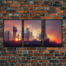 Load image into Gallery viewer, Cyberpunk City, Night City Watercolor, Videogame Concept Art, Watercolor Of a Cyberpunk City 3 Piece Wall Art, Ready To Hang Canvas Print
