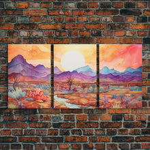 Load image into Gallery viewer, Black Framed 3 Piece Wall Art, Southwestern Desert Scene at Sunset, Minimalist Wall Art, MCM Style Midcentury Wall Decor, Above Sofa Art