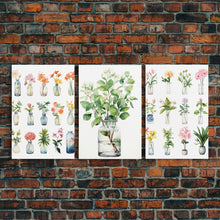 Carregar imagem no visualizador da galeria, 3 Piece Set, Cute Kawaii Floral Print, Flowers In Vases, Framed Wall Art, Canvas Print, Botanical Wall Decor, Dried Flower Large Art