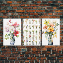 Carregar imagem no visualizador da galeria, 3 Piece Set, Cute Kawaii Floral Print, Flowers In Vases, Framed Wall Art, Canvas Print, Botanical Wall Decor, Dried Flower Large Triptych