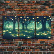 Carregar imagem no visualizador da galeria, Fantasy forest wall decor, ready to hang 3 piece canvas print, 3 piece wall art, firefly wall art, Fireflies In A Fairy Forest at Night