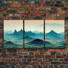 Load image into Gallery viewer, Emerald green rolling hills, fantasy mountains, 3 piece wall art, 3 piece canvas print, cool home wall decor